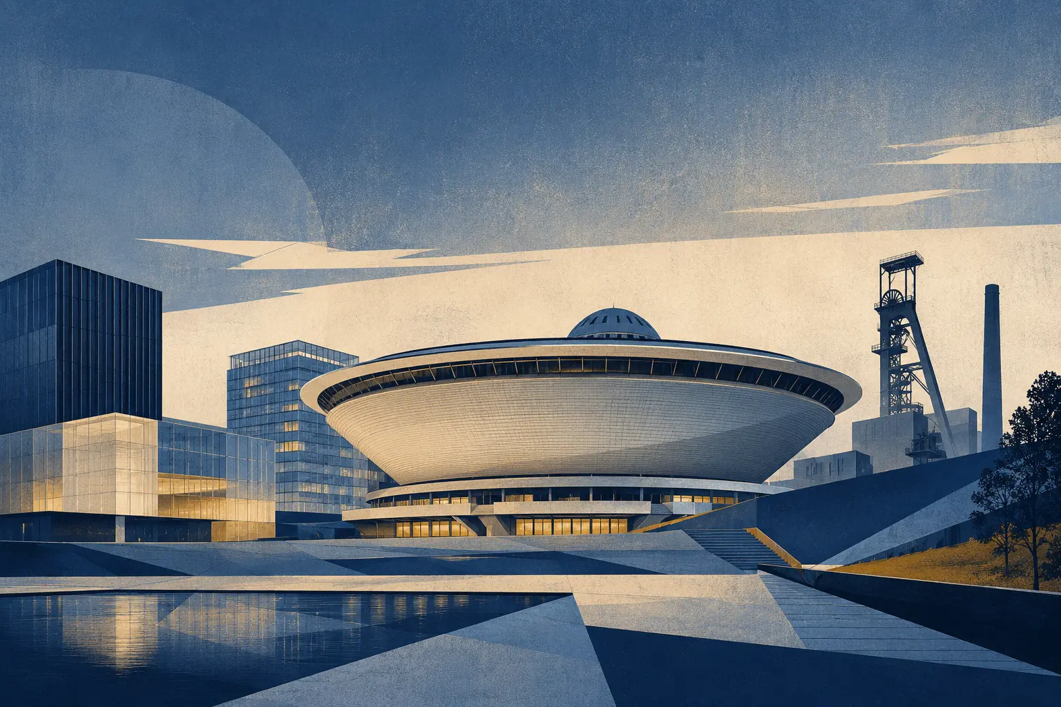 Ilustracja Katowic ze Spodkiem i architekturą Strefy Kultury