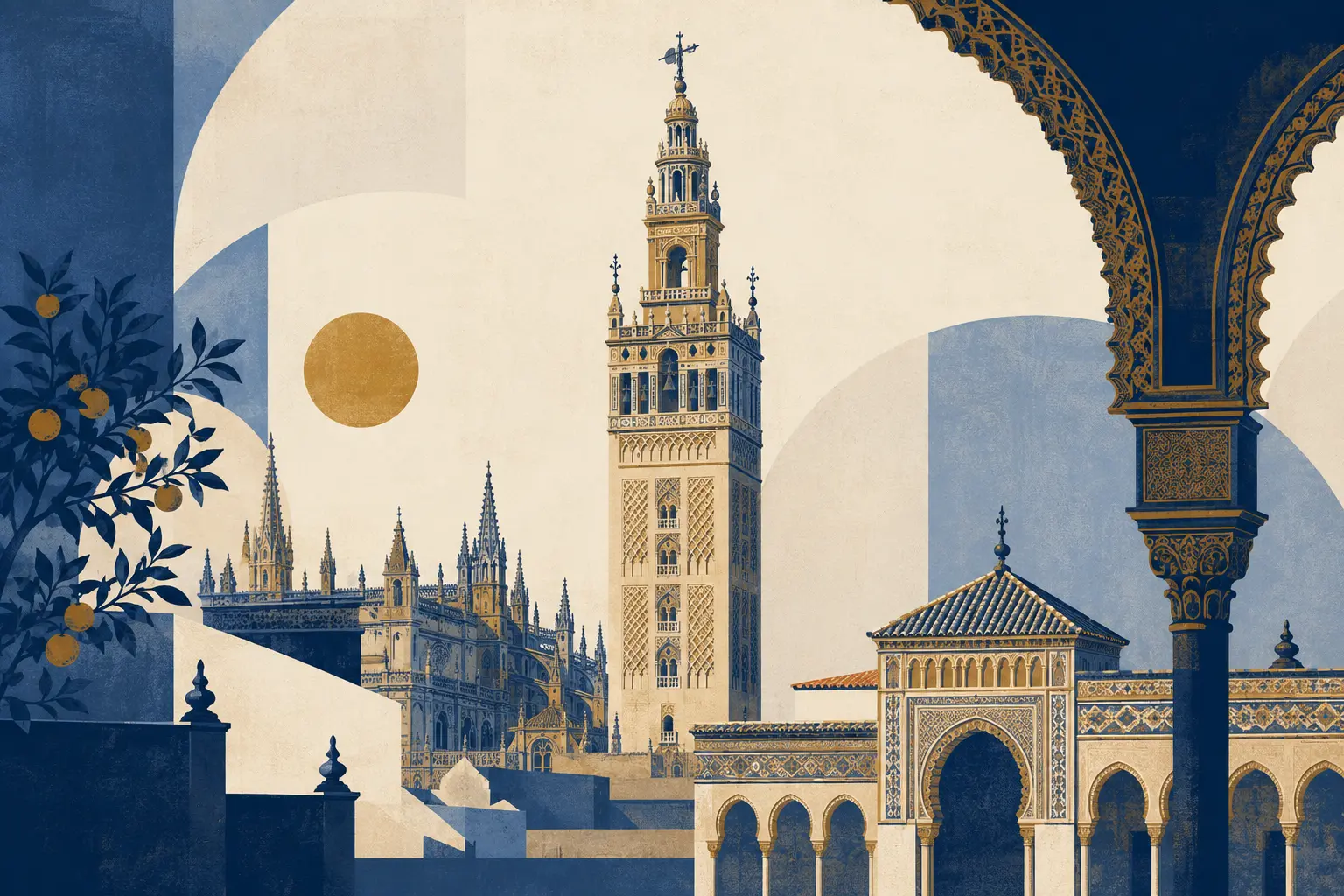 Ilustracja Sewilli z Giraldą i architekturą andaluzyjską